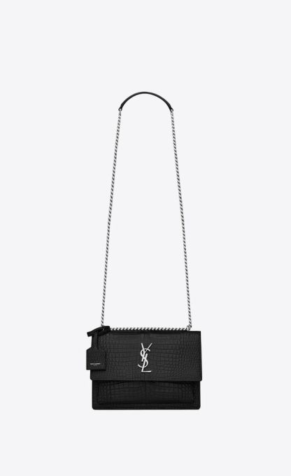 SUNSET MEDIUM CHAIN BAG IN CROCODILE EMBOSSED SHINY LEATHER