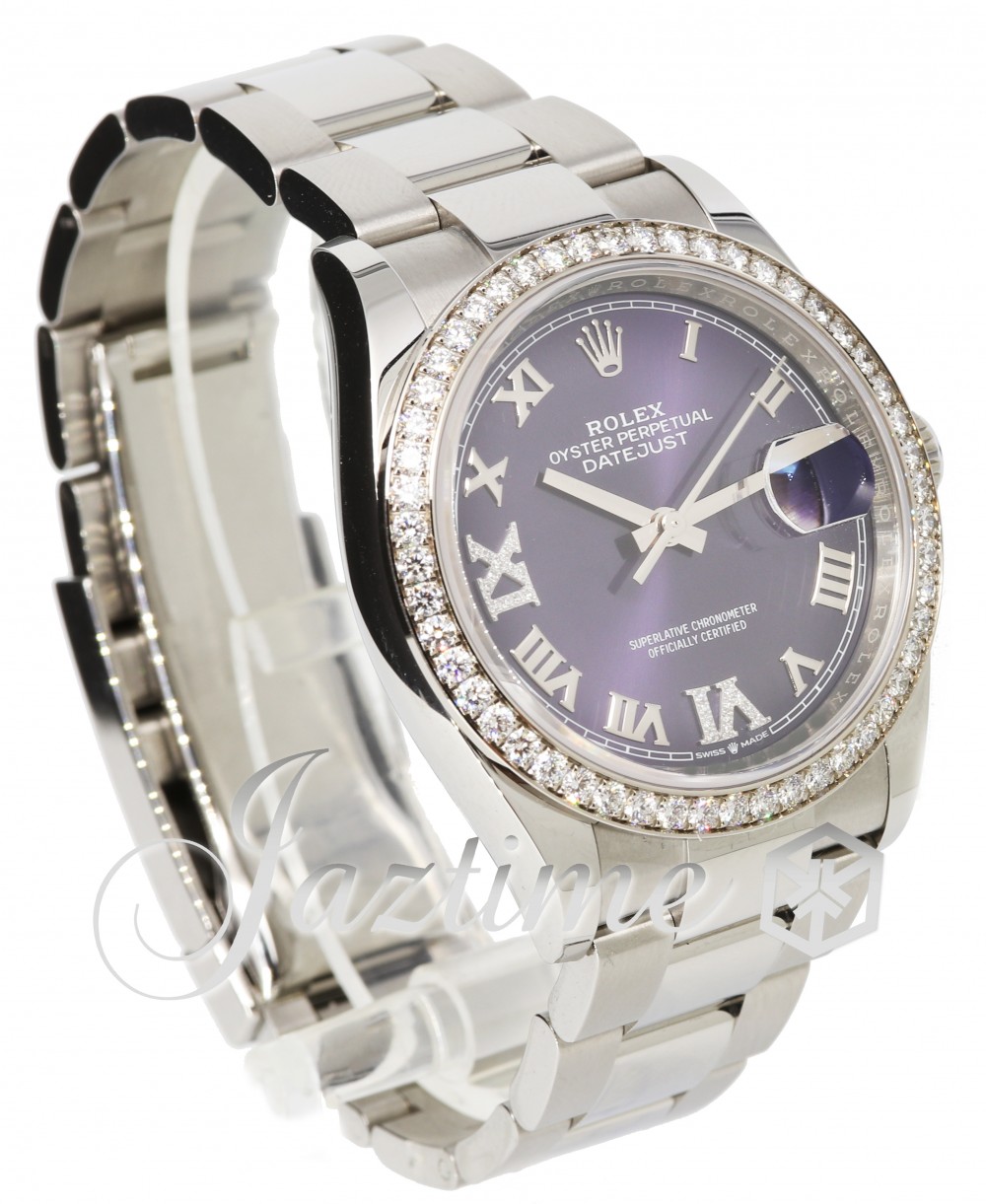 Rolex Datejust 36 White Gold/Steel Aubergine Roman & Diamond Dial & Diamond Bezel Oyster Bracelet