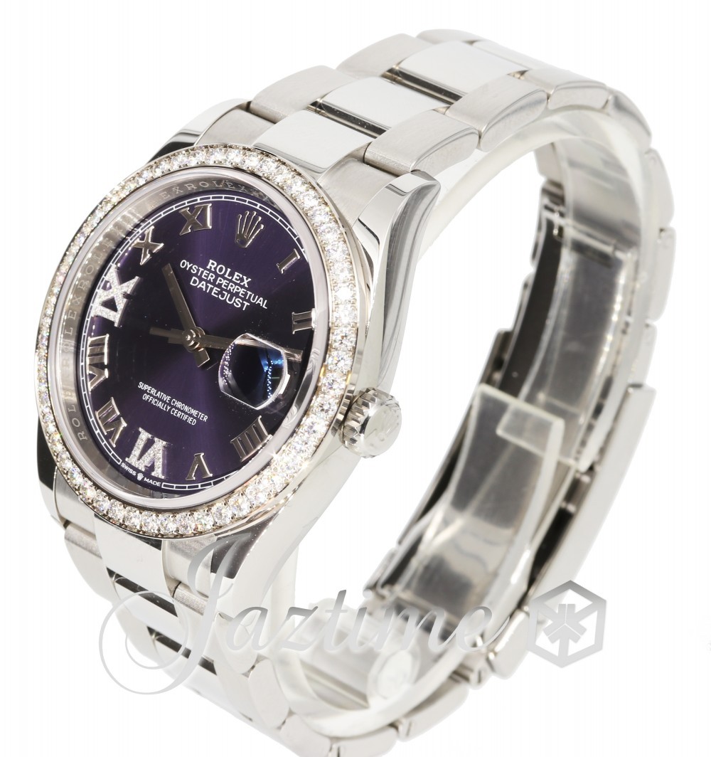 Rolex Datejust 36 White Gold/Steel Aubergine Roman & Diamond Dial & Diamond Bezel Oyster Bracelet