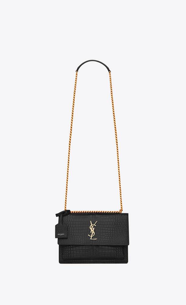 SUNSET MEDIUM CHAIN BAG IN CROCODILE EMBOSSED SHINY LEATHER