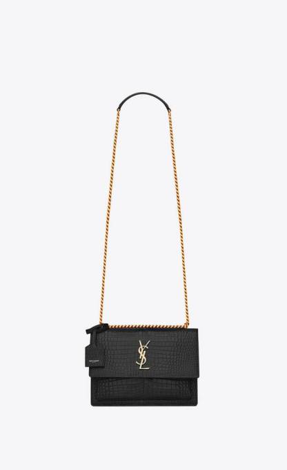 SUNSET MEDIUM CHAIN BAG IN CROCODILE EMBOSSED SHINY LEATHER