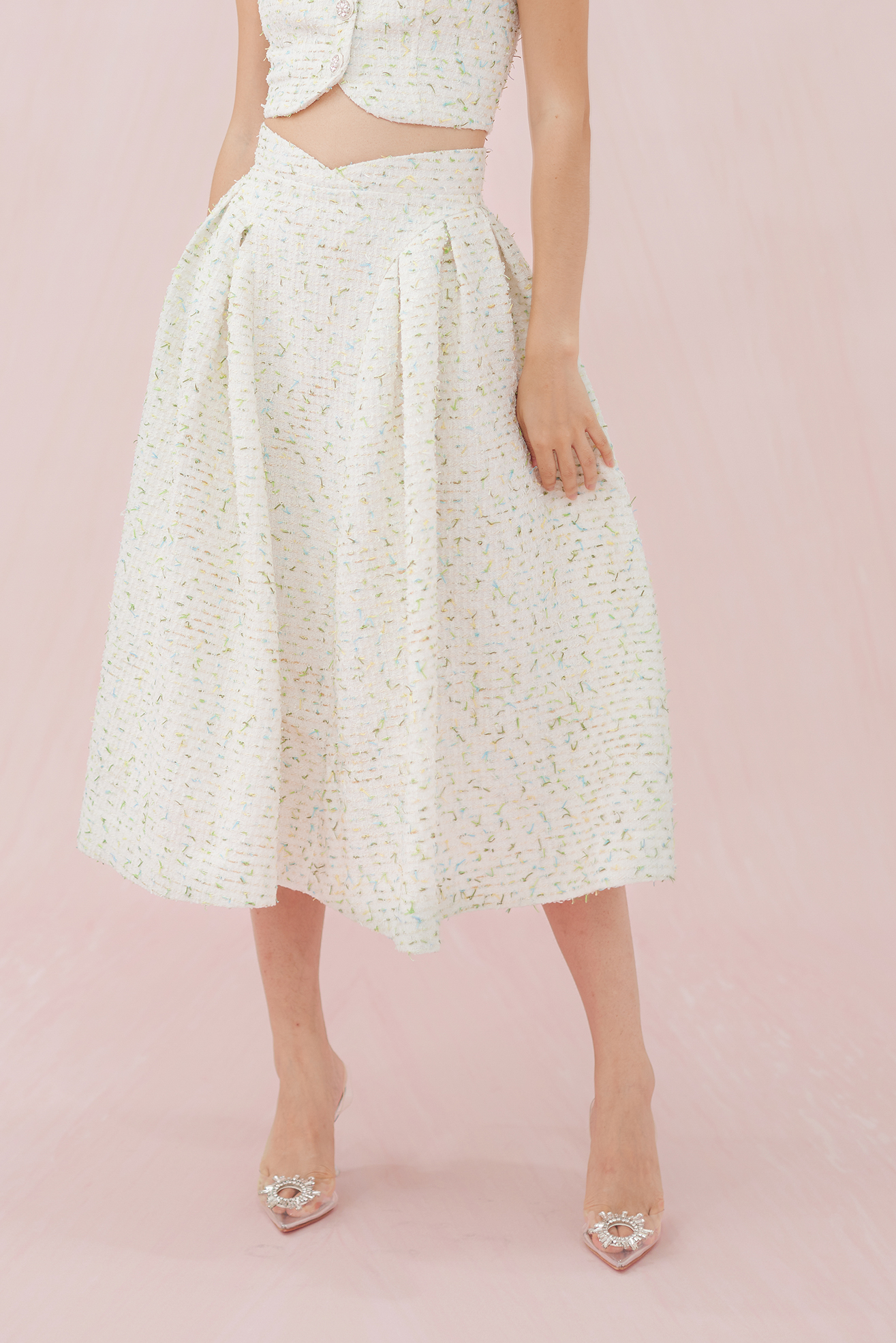 NOEMI BLUE-GREEN TWEED LONG SKIRT