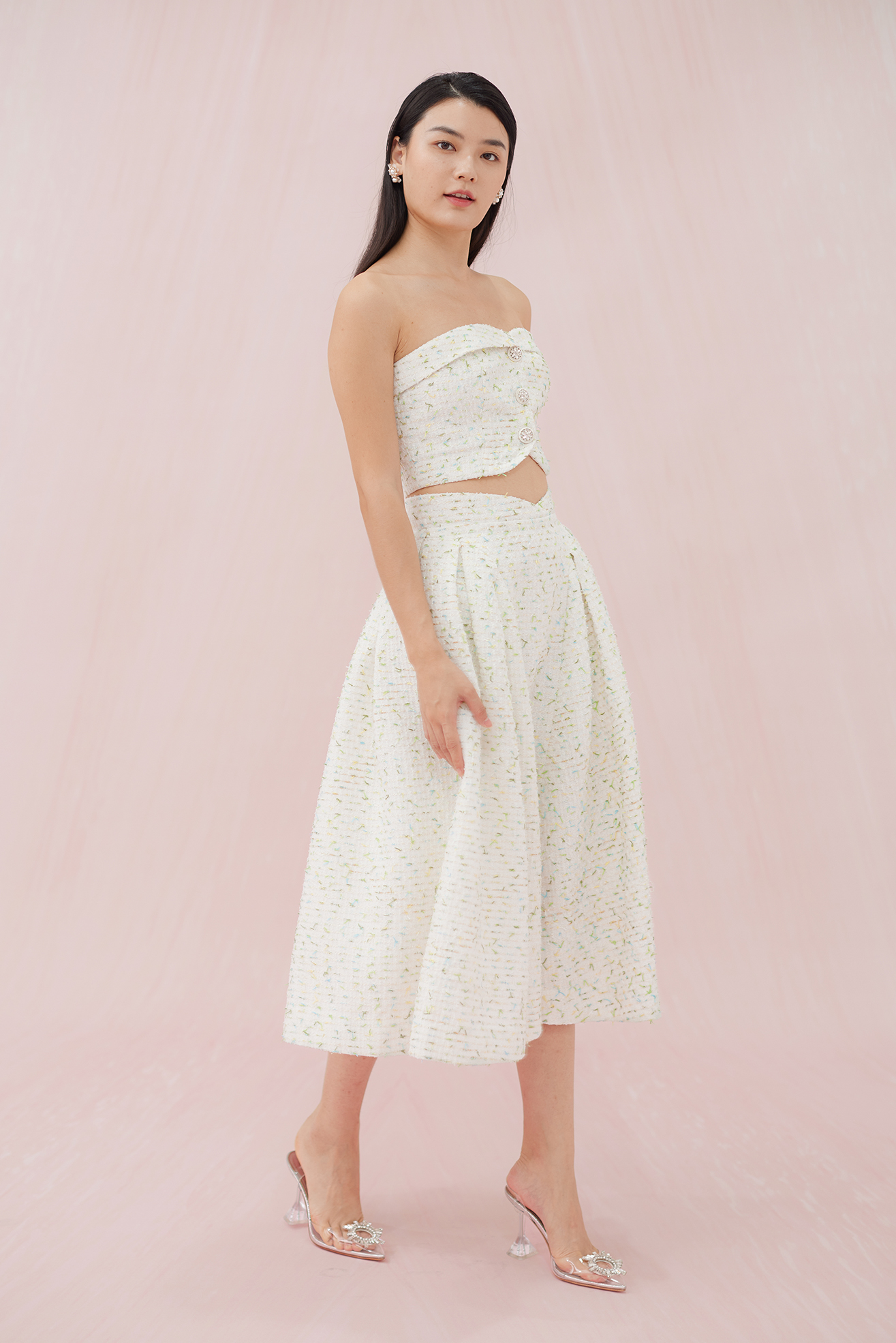 NOEMI BLUE-GREEN TWEED LONG SKIRT
