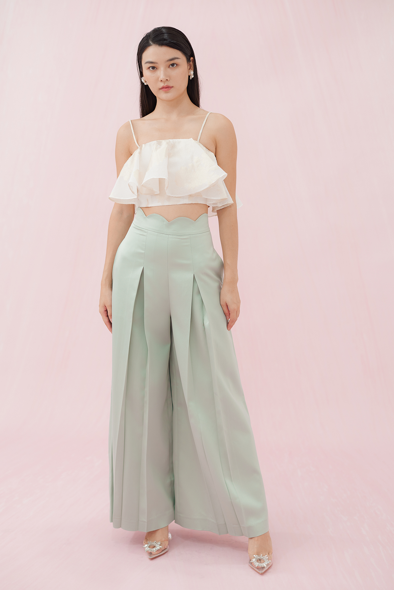 MARGO GREEN SATIN PLEATED PANTS