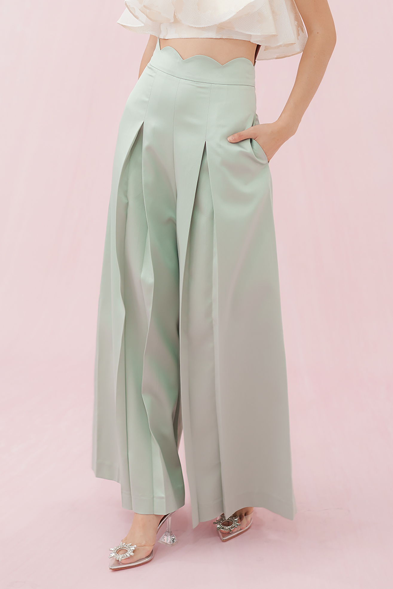 MARGO GREEN SATIN PLEATED PANTS