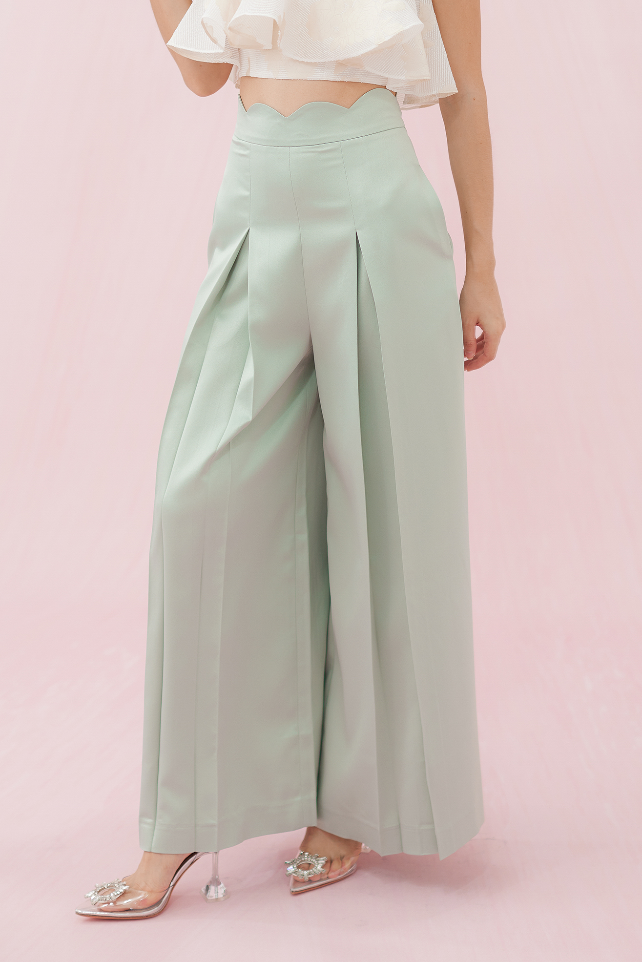 MARGO GREEN SATIN PLEATED PANTS