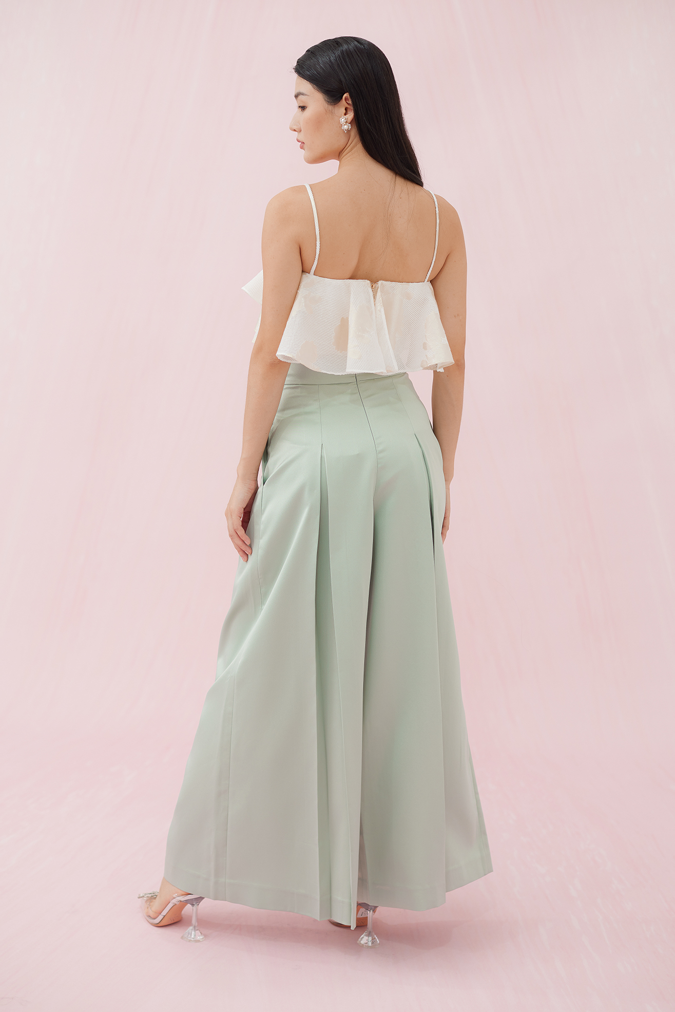 MARGO GREEN SATIN PLEATED PANTS