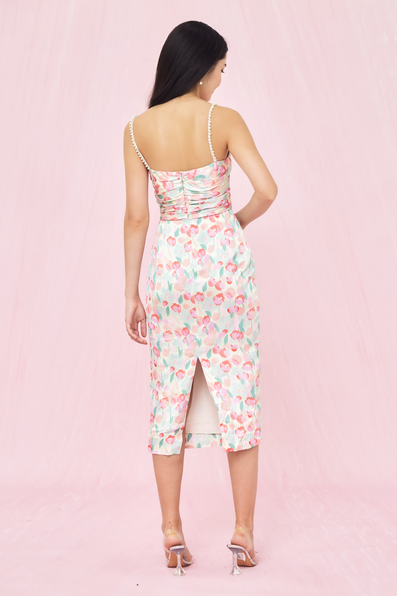 Genara White Pink Watercolour Floral  Dress