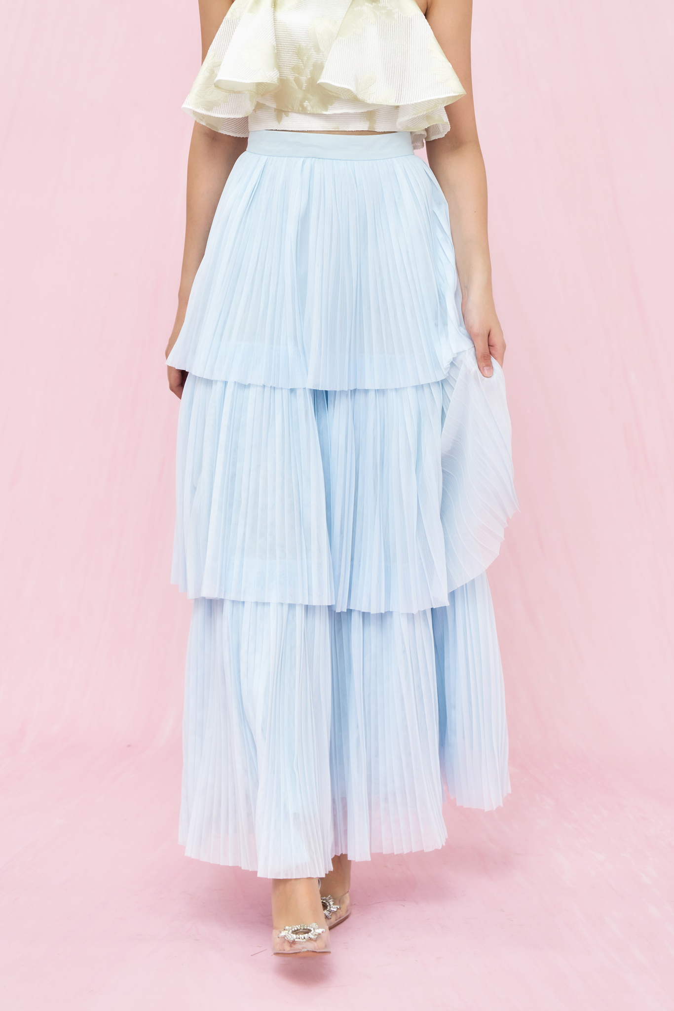 Geniffer Baby Blue Tiered Tulle Long Skirt