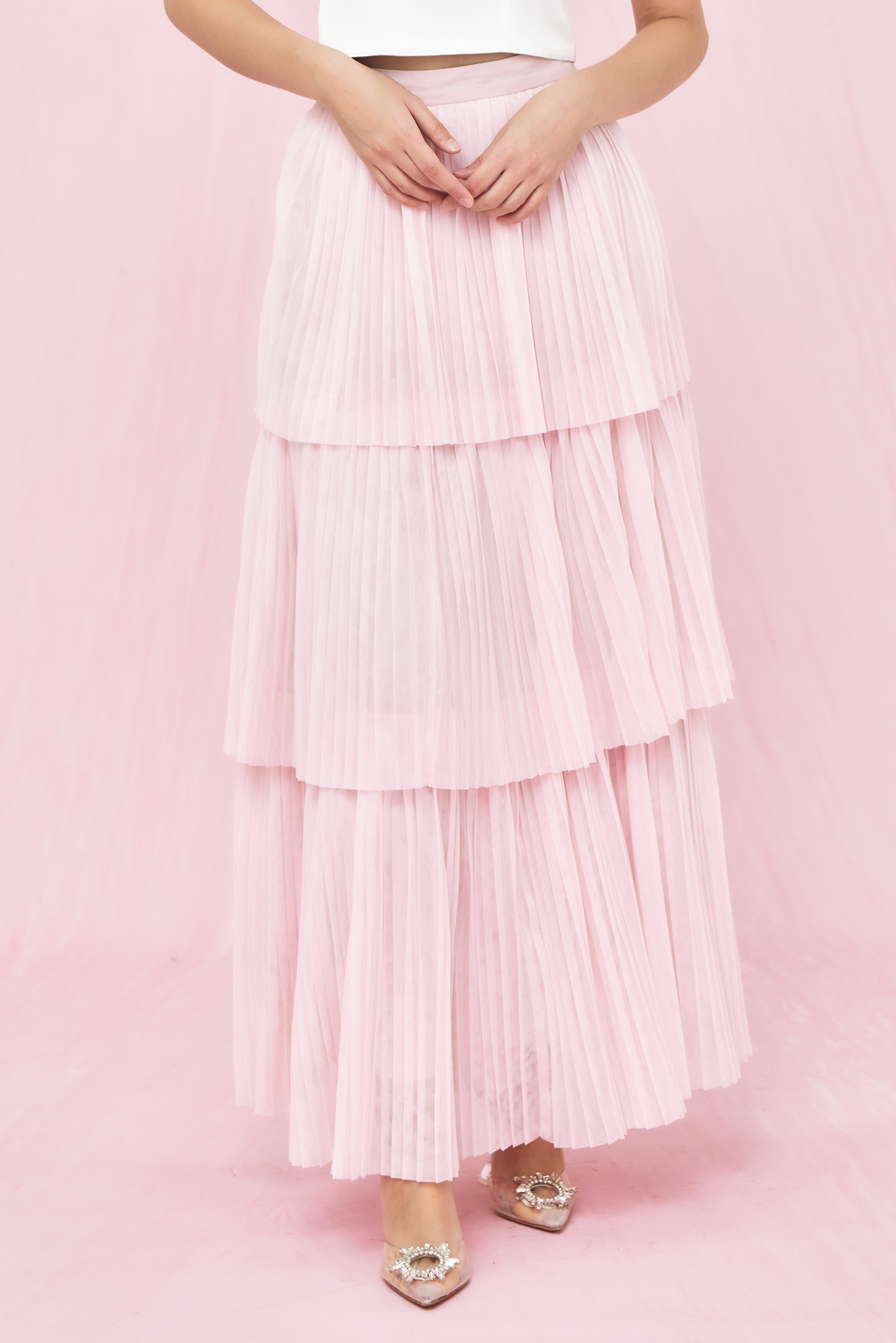 Geniffer Baby Pink Tiered Tulle Long Skirt