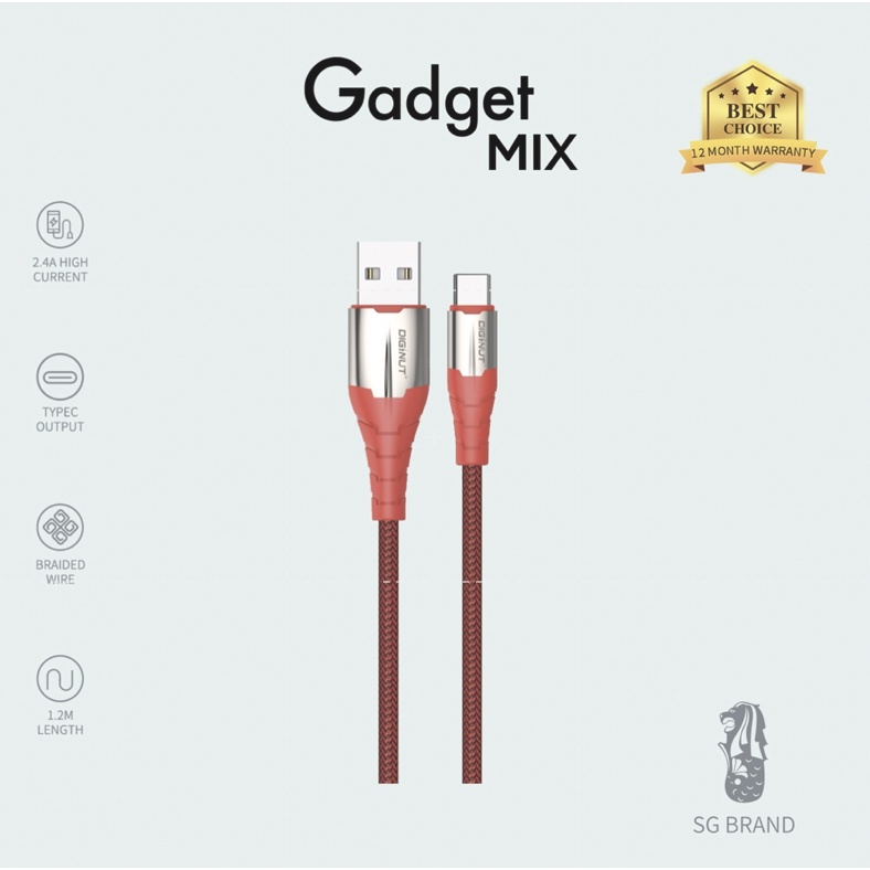 Gadget MIX DIGINUT - BA-1209 Zinc Alloy Lightning/Type-C Data Cable 1.2M/2.4A Red