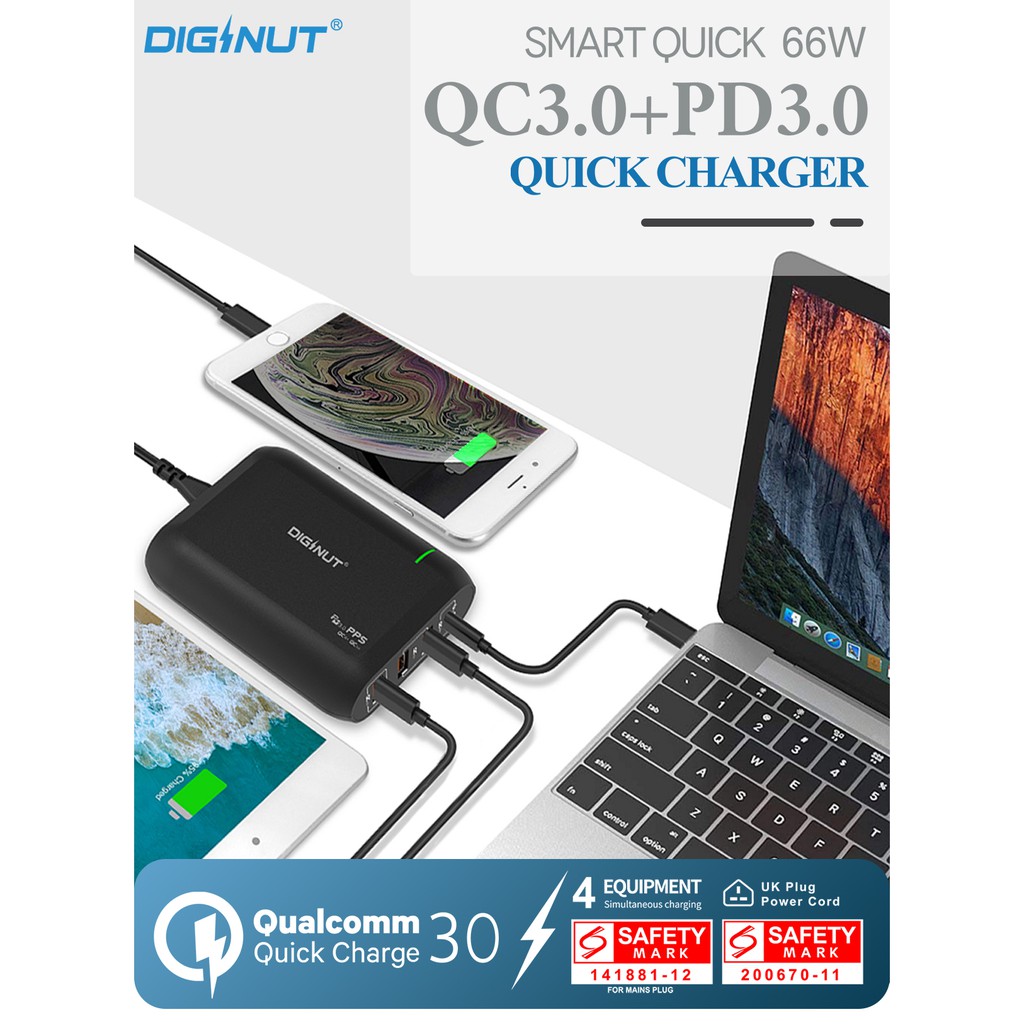 DIGINUT 66W 4-Port USB Charger/ Charging Port Station/ Power Delivery/ Quick Charge 3.0/ Fast Charging
