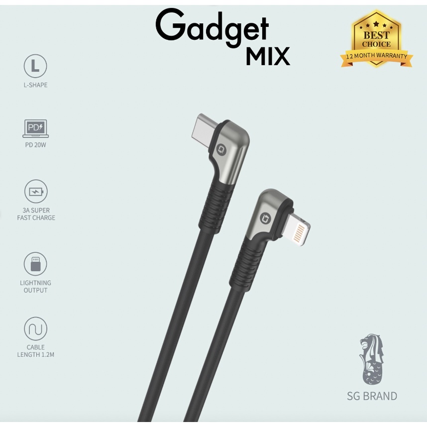 DIGINUT - BC-1202L/2002L Type-C To Lightning L-Shape PD 20W Data Cable 1.2M/2M/3A Black/ Fast Charging