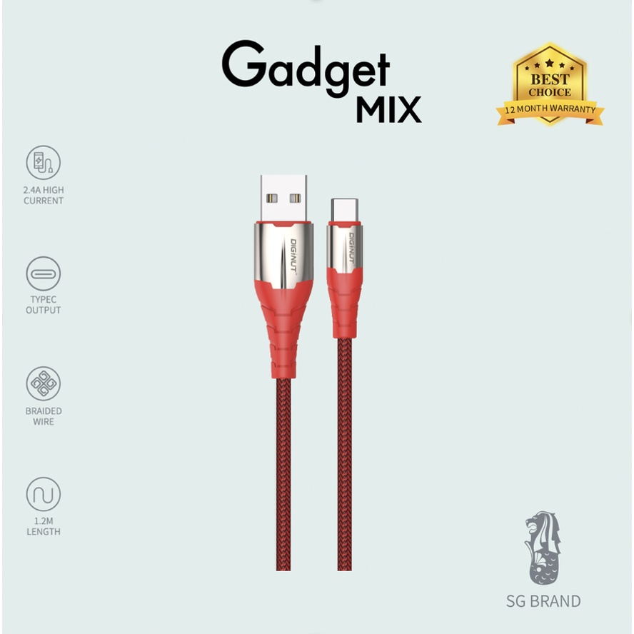 DIGINUT - BA-1209C Zinc Alloy Type-C Data Cable 1.2M/2.4A Red/ Fast Charging/ Data Transfer