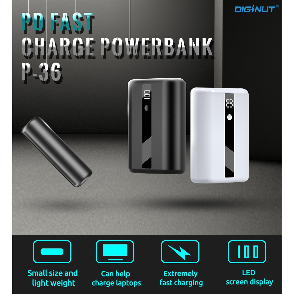DIGINUT - P36 10000mAh PD+QC 18W Compact Power bank/PD 18W and QC 3.0 Fast Charging