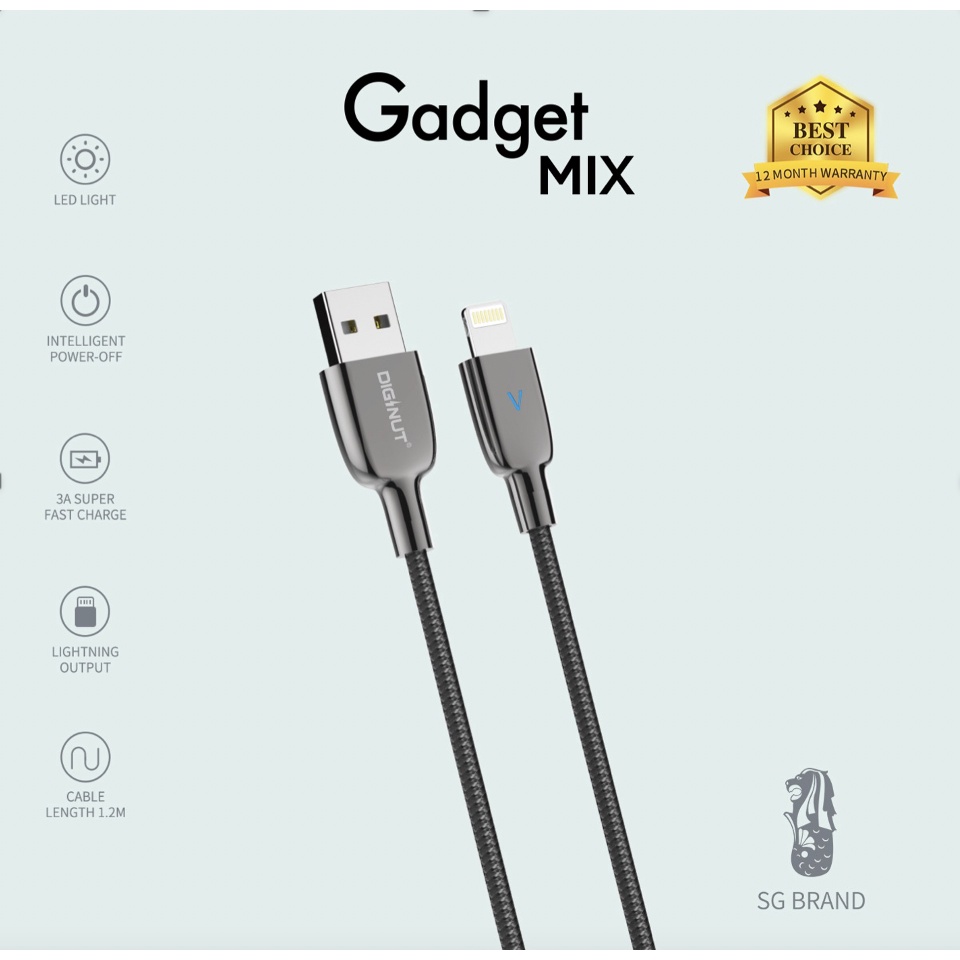 DIGINUT - BA-1216/2016 Intelligent Power-Off Lightning/Type-C Data Cable 1.2M/2M/3A/Fast Charge/Data support