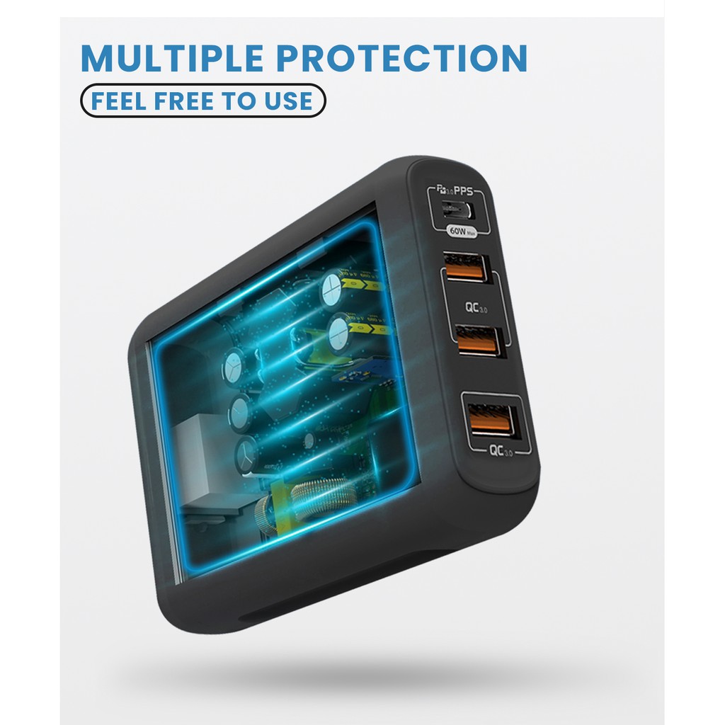 DIGINUT 66W 4-Port USB Charger/ Charging Port Station/ Power Delivery/ Quick Charge 3.0/ Fast Charging