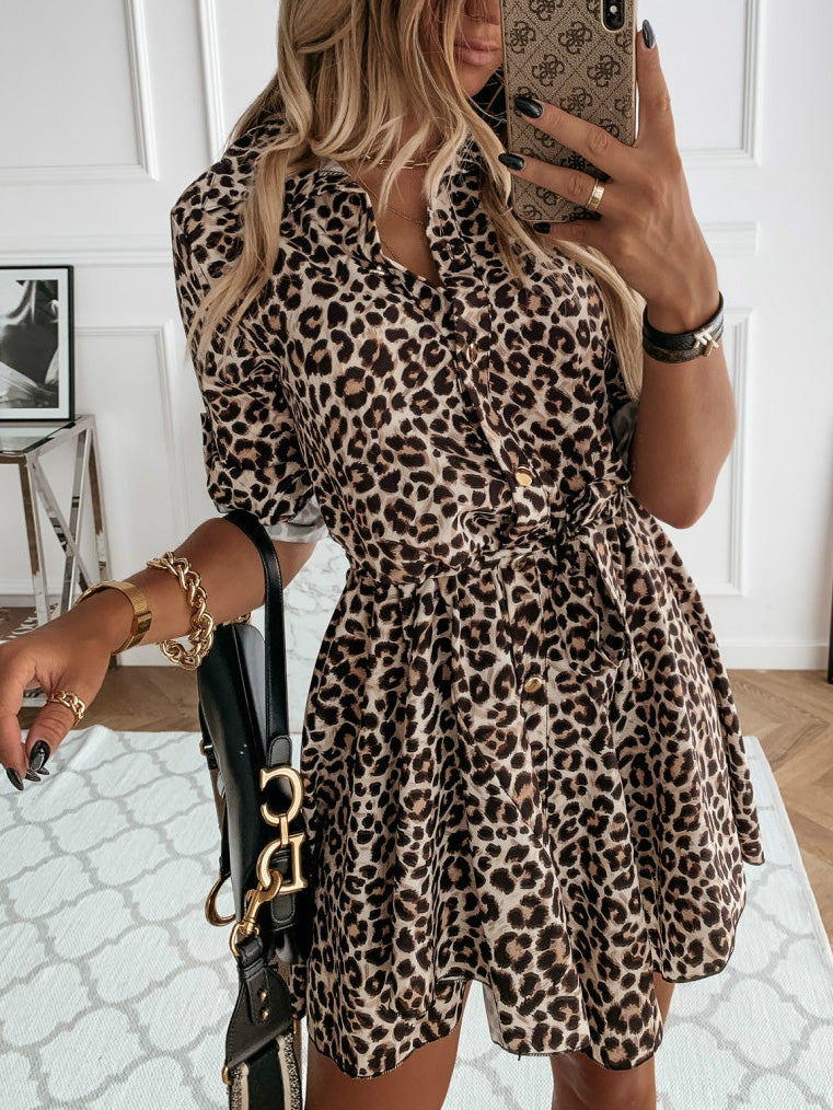 Elegant turn-down collar leopard patchwork print mini shirt dress