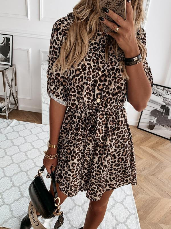 Elegant turn-down collar leopard patchwork print mini shirt dress