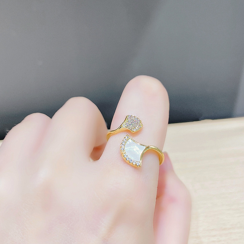 銀杏葉貝母鋯石 開口可調節時尚戒指