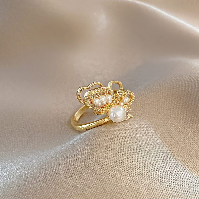 高貴精緻 不掉色珍珠蝴蝶開口可調節時尚戒指