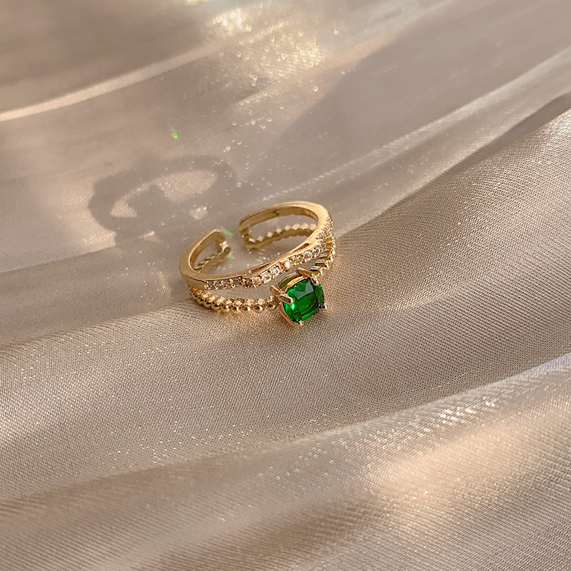 S925銀 不掉色 綠寶石雙層開口戒指