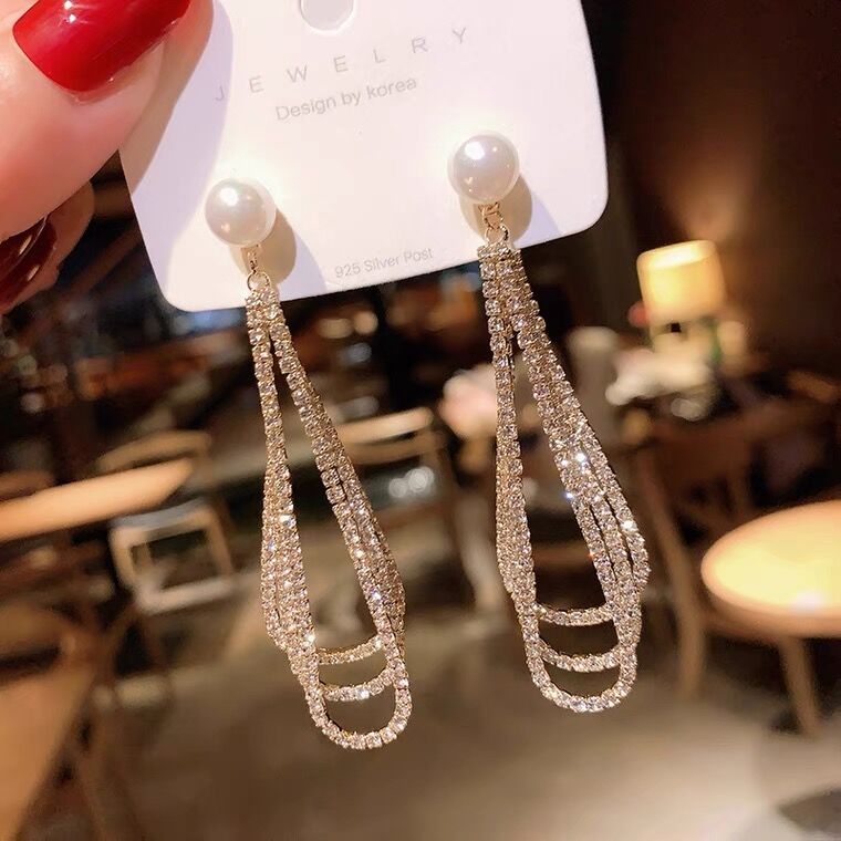 韓國新款氣質流蘇珍珠耳環- S925純銀/防水不過敏