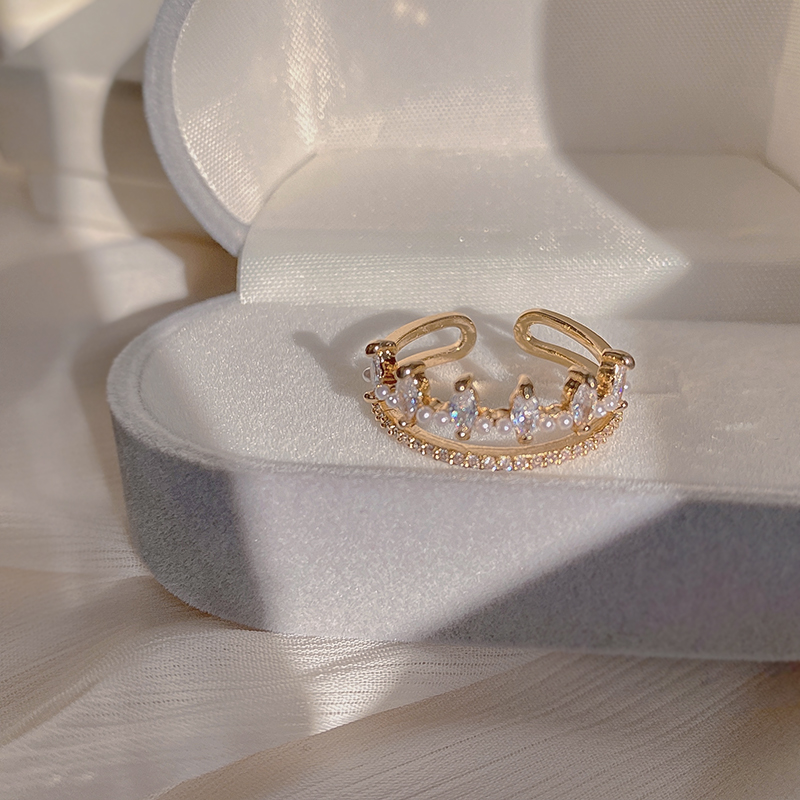  珍珠皇冠精緻高貴開口可調節時尚戒指