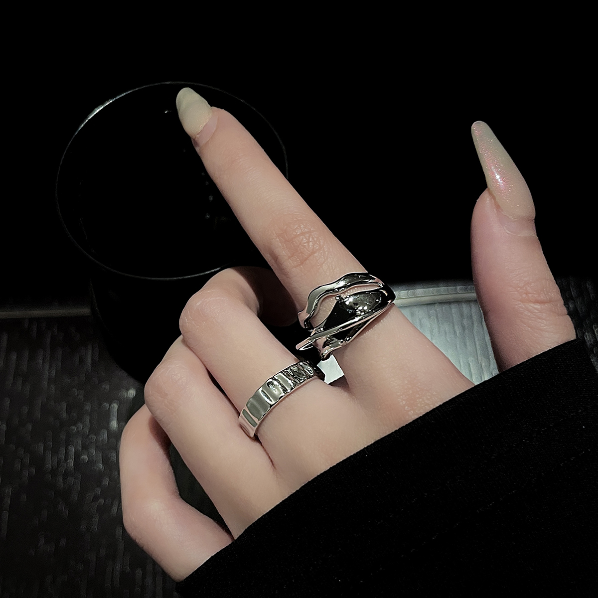 【潮流女戒|三件998】黑寶石戒指女高級感食指戒暗黑個性可調節開口戒