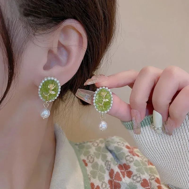 【s925銀針】綠色水晶花朵珍珠耳環