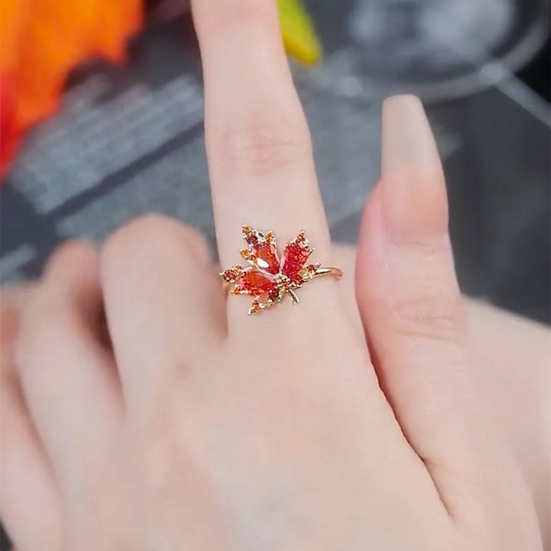 紅色楓葉個性設計感開口戒指
