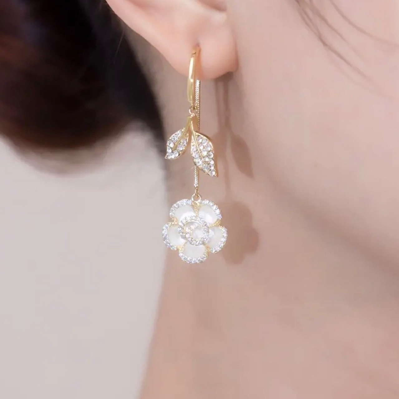 白玫瑰閃鑽耳環 (Earrings)-FANYIACC