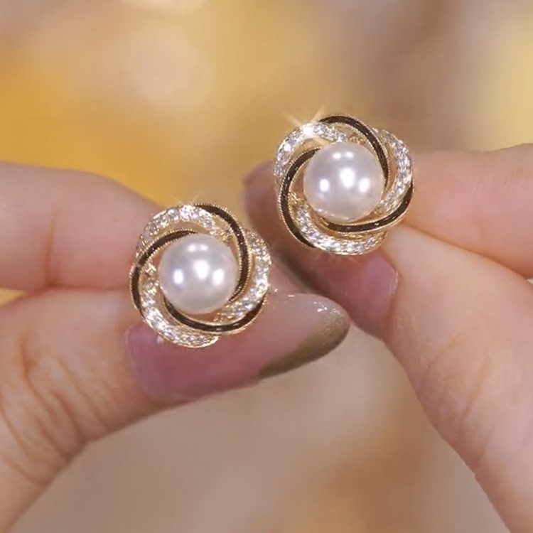 白條紋鋯石珍珠耳環-FANYIACC