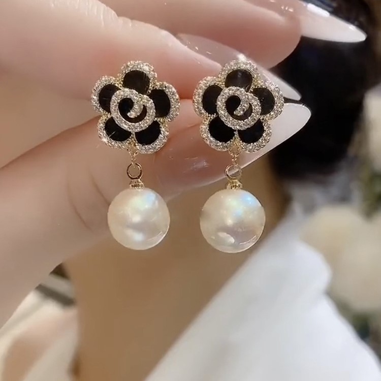 黑色花朵珍珠耳環-FANYIACC