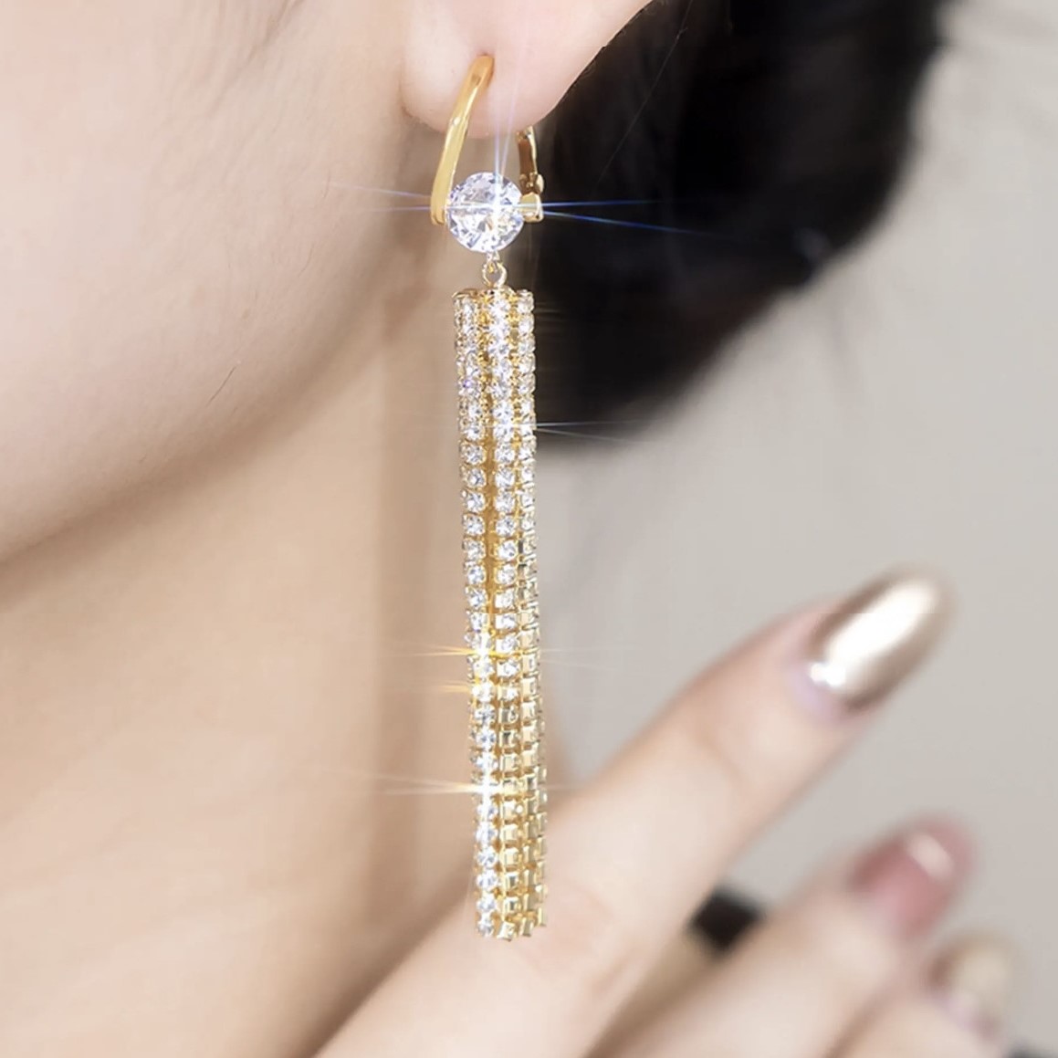 氣質長款滿鑽流蘇耳環