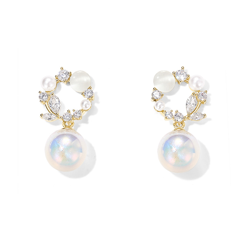 貓眼石珍珠花環耳環-FANYIACC