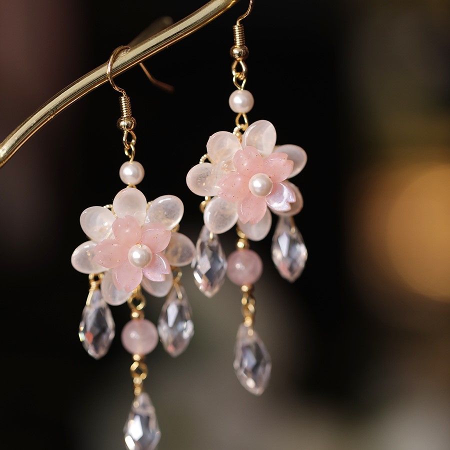 粉色花朵流蘇耳環