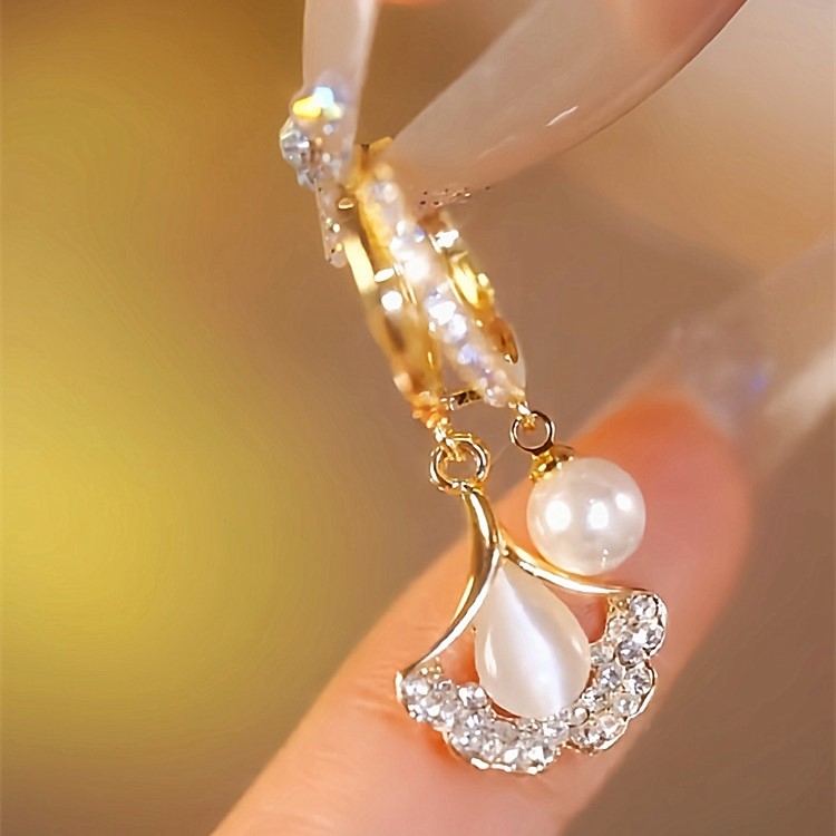 貓眼石銀杏葉耳扣耳環-FANYIACC