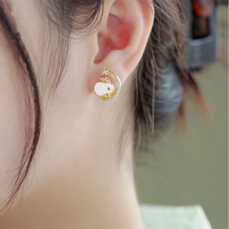 月亮玉兔鋯石耳環-FANYIACC