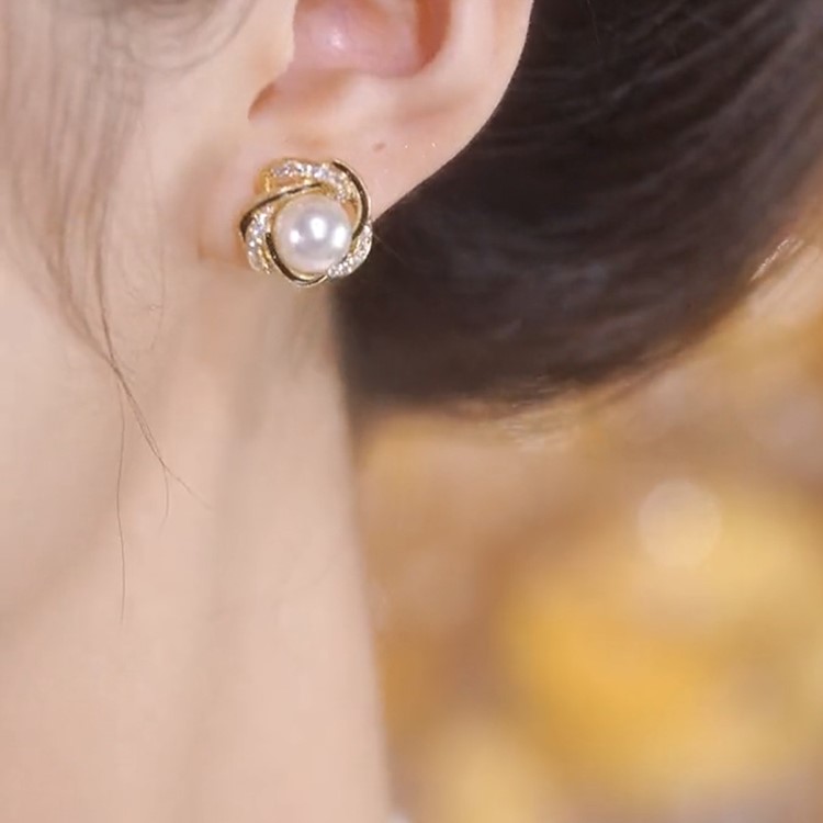 白條紋鋯石珍珠耳環-FANYIACC