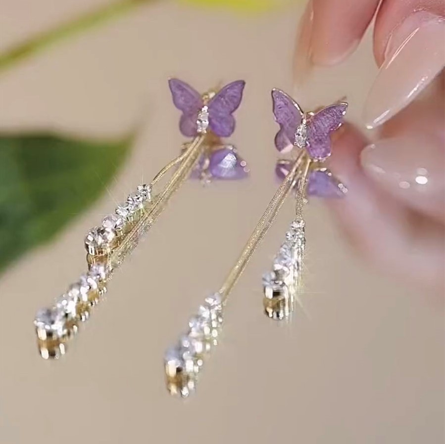 紫色水晶閃鑽蝴蝶耳環-FANYIACC
