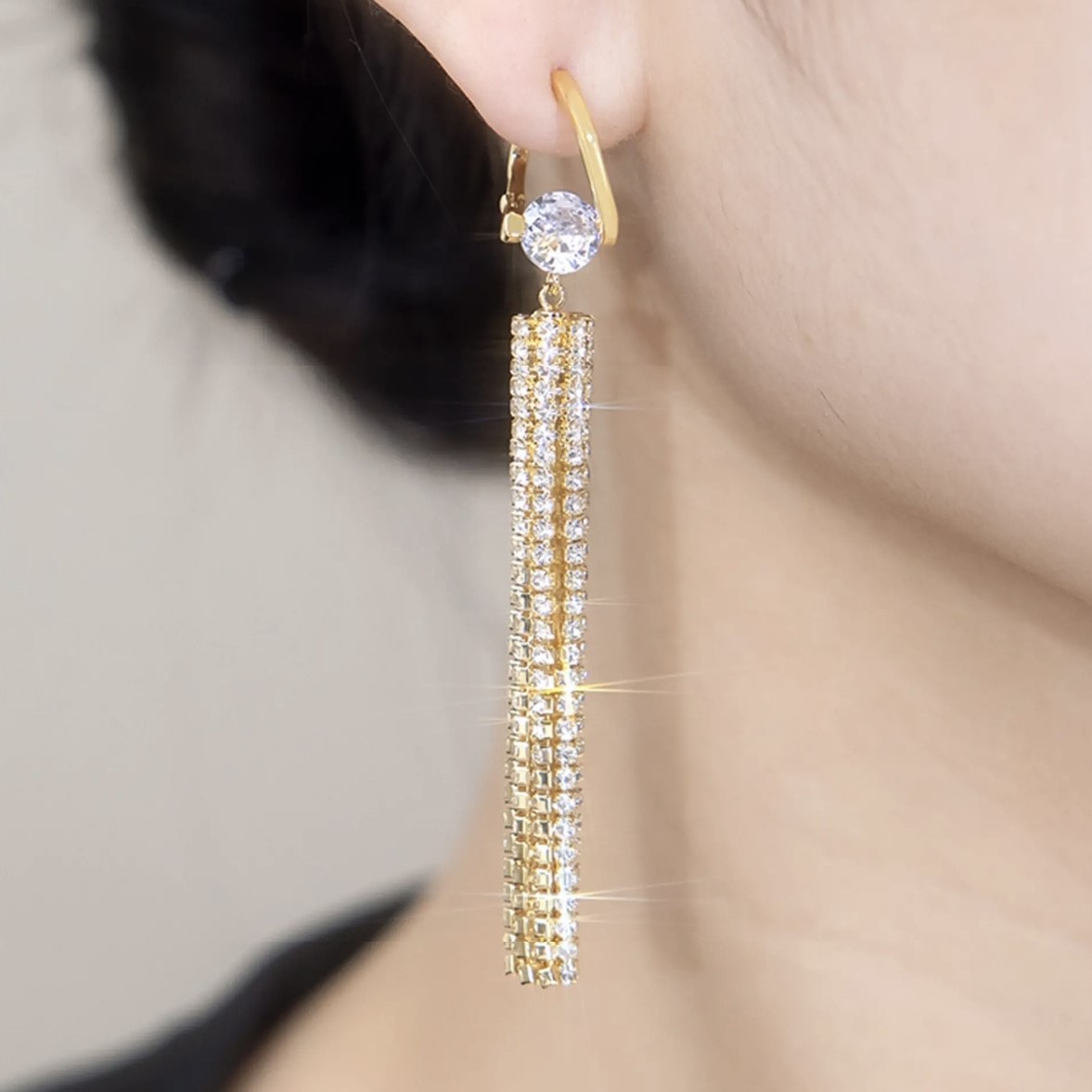 氣質長款滿鑽流蘇耳環