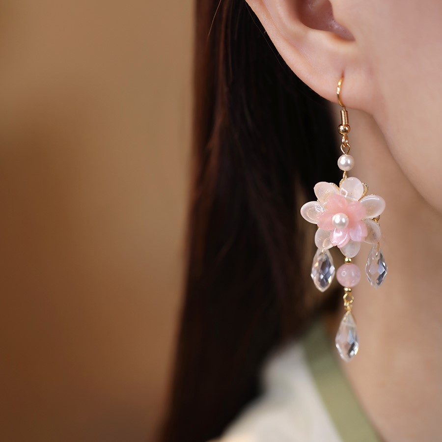粉色花朵流蘇耳環