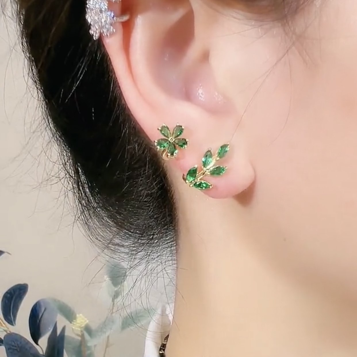 花朵葉子水晶耳環