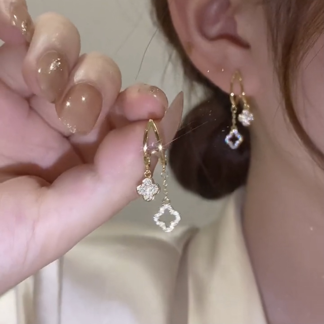 四葉草流蘇銀針耳環