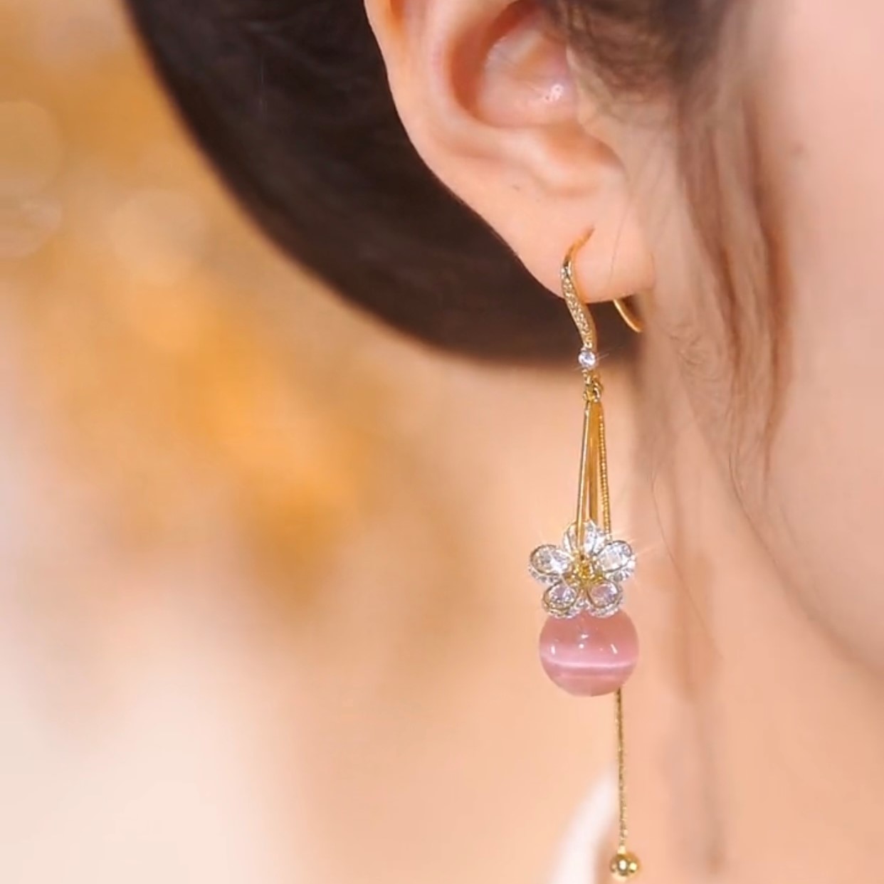粉色&白色貓眼石花朵耳環-FANYIACC