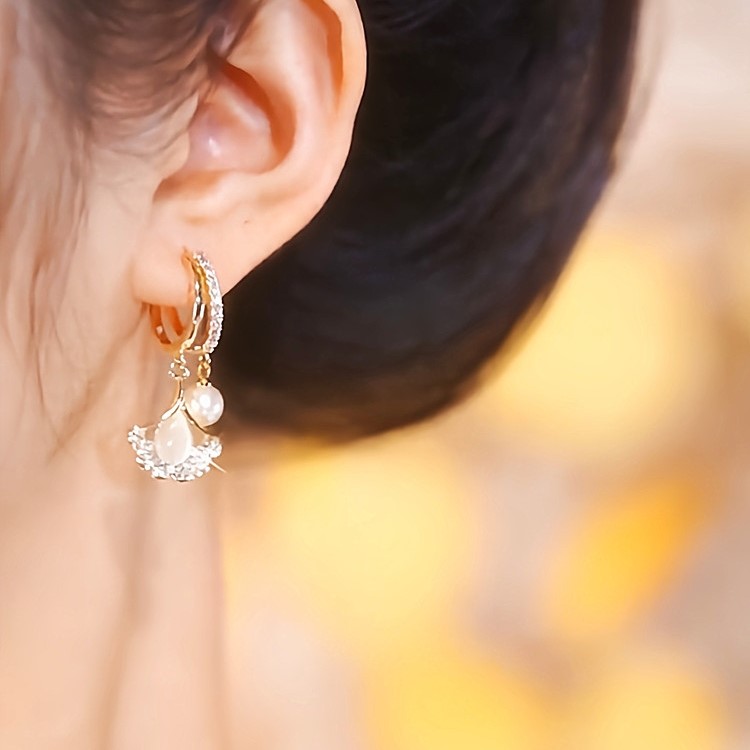 貓眼石銀杏葉耳扣耳環-FANYIACC