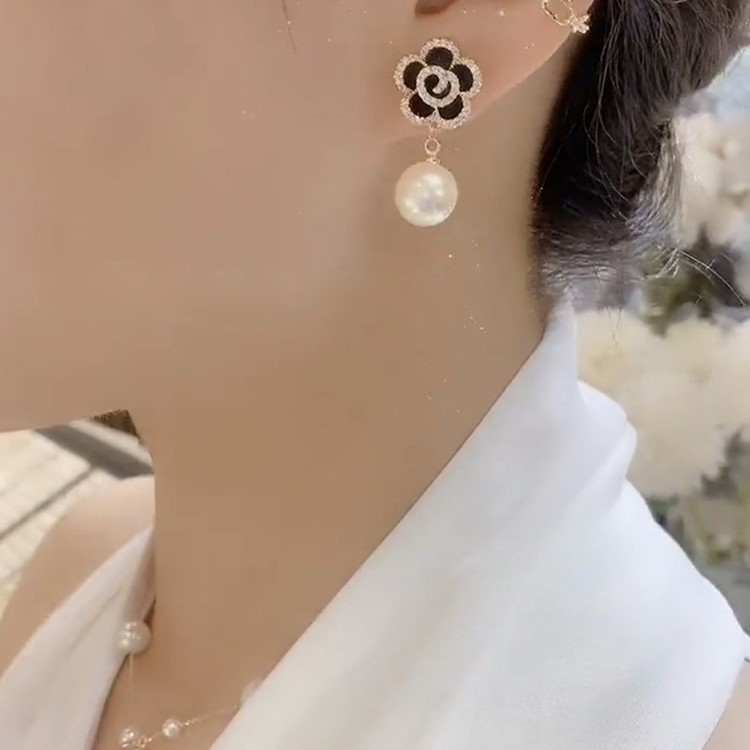 黑色花朵珍珠耳環-FANYIACC