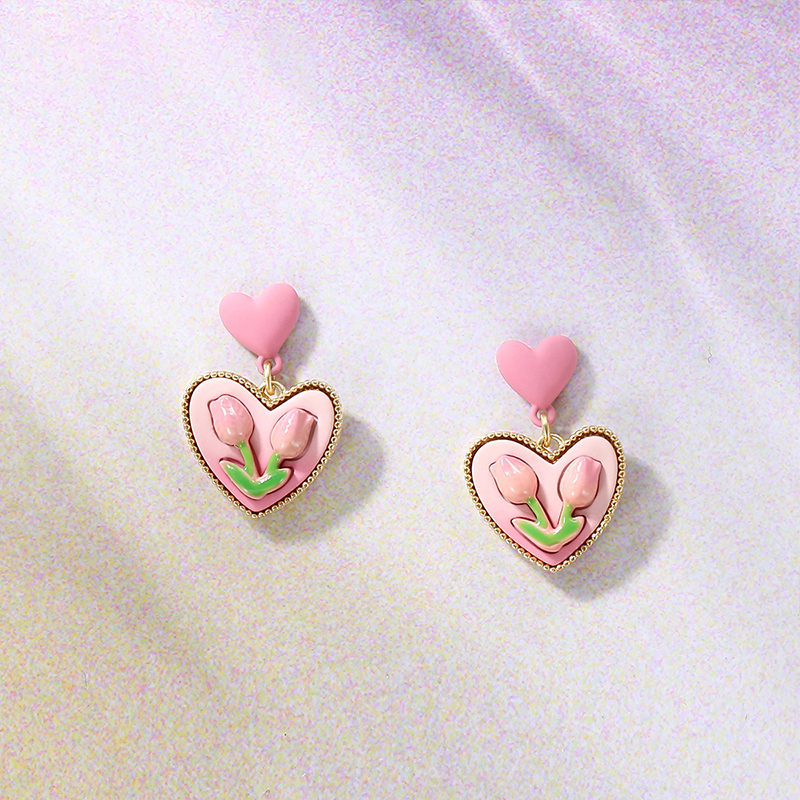 粉色愛心鬱金香花朵耳環