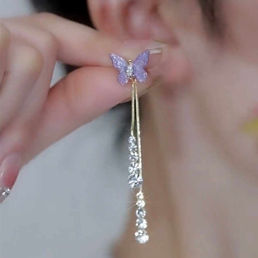 紫色水晶閃鑽蝴蝶耳環-FANYIACC